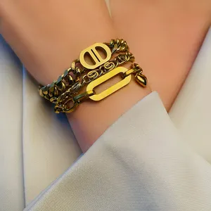 Bracelete de aço inoxidável banhado a ouro 18k, conjunto de pulseira geométrica dourada em forma de corrente, pulseira de alta qualidade