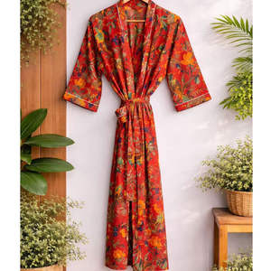 Bata Kimono de Algodón Estampada a Mano, Ropa de Dormir con Estampado de Bloques, Bata de Baño de Verano - Product Image 1