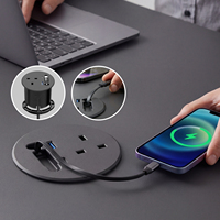 Prise de courant de bureau dissimulée de 80 mm au Royaume-Uni avec câble USB-C rétractable PD 20W intégré, prise de courant de bureau ronde intelligente