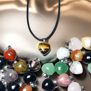 15mm Custom Assorted Natural Healing Crystal Gemstone Beads Steel Heart Stone Pendants For Jewelry Making Quartz Main Stone