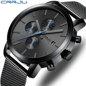 Crrju 2287广告男士石英手表Chrono钢网表带男士美丽手表