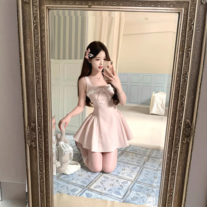 Vestido Midi de Gasa Estilo Francés con Lazo Rosa, Cuello Cuadrado, Falda Princesa con Vuelo, Transpirable, Verano 2025, Nuevo Estilo - Product Image 2