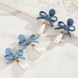 <span class=keywords><strong>Orecchini</strong></span> Vintage con Fiocco in Denim e <span class=keywords><strong>Perle</strong></span> Finte, Stile Europeo e Americano, Gioielli Artigianali Blu per Donna - Product Image 5