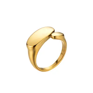 Cincin pribadi wanita, perhiasan minimalis berlapis emas 18K dengan Stainless Steel, pembuka Oval geometris tidak teratur