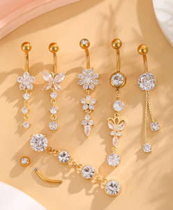 Golden Butterfly <span class=keywords><strong>Ombligo</strong></span> <span class=keywords><strong>Piercing</strong></span> Anillos Set Acero inoxidable Girasol Body <span class=keywords><strong>Piercing</strong></span> Colgante Joyería - Product Image 3