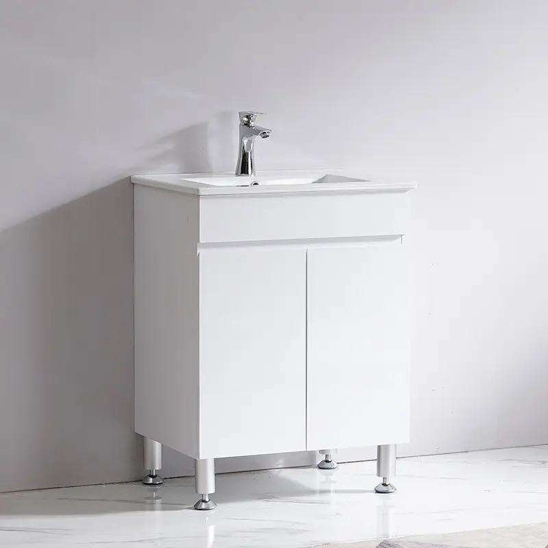 Estilo australiano, alto brillo, blanco, clásico, Mdf, superficie de PVC, tablero de partículas económico, gabinete, suelo, tocador de baño con lavabo