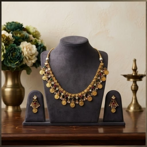 Gold Coin <b>Necklace</b> and Earring Set <b>Ruby</b> Emerald Pearl Drop Jewelry Match Wedding Party Gift for Women - Product Image 1