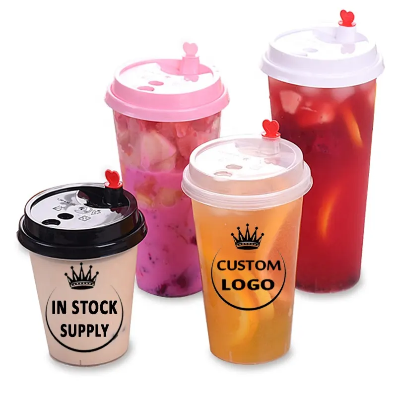 China Factory Bedrukken Logo Bubble Tea Cup 16 Oz 24 Oz Koffie Sap Smoothies U Vorm Boba Cup Pp plastic Bekers Met Deksel