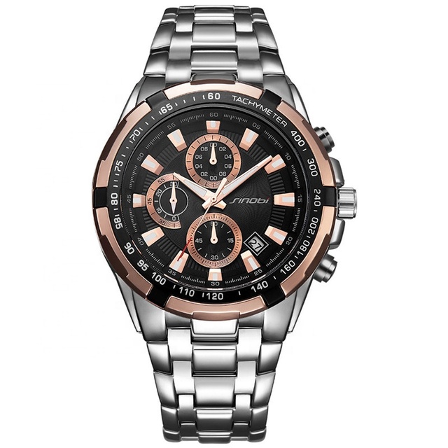 SINOBI Chronograph Watch Mens Fashion Stainless Steel Strap Date Display Calendar Outdoor Sport Rose Gold Plating Watches