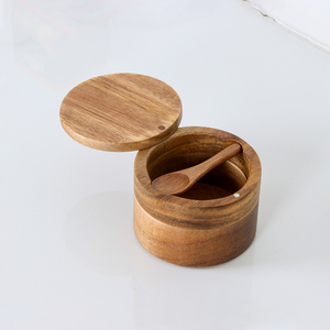 Acacia Wood Salt Cellar Salt <strong>Spice</strong> Box with Swivel Cover and Spoon Perfect for Herbs &amp; Seasonings - Product Image 1