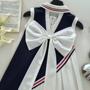 Elegante Vestito con Fiocco Blu Navy e Bianco per Bambine, Design Principessa, Gonna Estiva per Bambini 2026 - Product Image 4