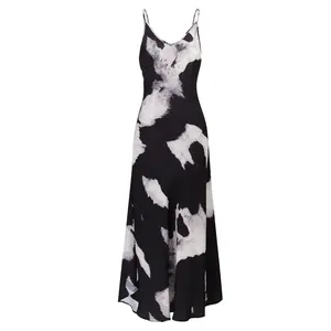 Clothing Vendor for Women Sexy Club Custom Wholesale Manufacturer Summer Abstract Print Silk Tie Dye Slip Midi Beach Dress Women