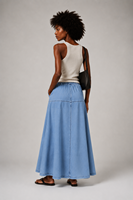 Falda Maxi Vaquera Azul para Mujer, Estilo Americano Relajado, con Cordón Ajustable y Diseño Empalmado