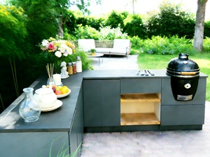 Cuisine extérieure personnalisée en acier inoxydable noir avec <span class=keywords><strong>réfrigérateur</strong></span> intégré et barbecue - Product Image 3