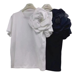 S-2XL Women's Casual Breathable Eco-Friendly Loose Fit <b>Bow</b> Collar Ruffled Short Sleeve Solid Color Worsted Fabric Garment Dyed - Product Image 1