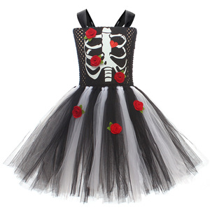 Costume de mariée fantôme crâne effrayant pour filles, robe de sorcière d'<span class=keywords><strong>horreur</strong></span> d'Halloween, robe de carnaval noire et rouge, déguisement avec voile et chaussettes - Product Image 2