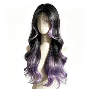 Parrucca Sintetica Lunga Ondulata Ombre Nera a <span class=keywords><strong>Lilla</strong></span>, Voluminosa e Resistente al Calore, per Uso Quotidiano e Feste - Product Image 4