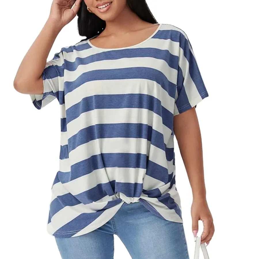 High Cost Performance OEM Plus Scoop Neck Striped T-Shirt Women Striped Oversized Tshirt Breathable and Quick Dry lady Tee