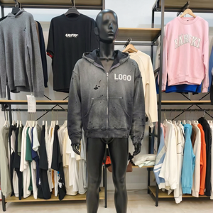 OEM Custom Streetwear 500gsm Vintage Cotton Zip up Oversized Waffle Knit Sun Faded Acid Washed Distressed <strong>Hoodie</strong> Men Supplier - Product Image 5