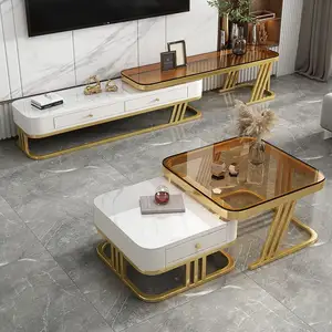 2024 YOUTAI luxuriöser gold- und weißer Couchtisch und Fernsehständer-Set modulares teilbares Wohnzimmer-Möbel-Set