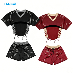 LANCAI Women's 2 Piece Outfit Mesh Corset Crop Top Drawstring Shorts Set Colorblock Lace-Up Streetwear Matching Tracksuit - Product Image 1
