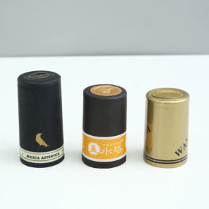 Umwelt freundliches benutzer definiertes Logo 32*50mm PVC-Schrumpf gummi kapsel für Gewürze Getränke Sojasauce Essig flasche - Product Image 1