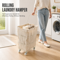 Chariot à linge moderne à roulettes détachable avec 4 roulettes, poignée en bois, doublure en tissu, cadre métallique, panier à linge organisateur pour la maison et le dortoir