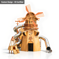 Aire de jeux extérieure personnalisée en acier inoxydable, thème ferme, avec cabane moulin à vent, filet d'escalade et toboggan pour enfants, pour écoles, centres de villégiature et fermes