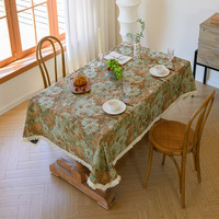 Nappe de table haut de gamme en coton et lin de style américain, motif floral inspiré de la peinture à l'huile, jacquard teint en fil, couleur café