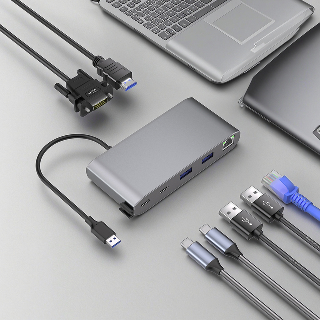 WFYEAR Aluminium Material USB-C 3.0 PD 100W RJ45 1000M 7 Port Type-C Hub Laptop Adapter Docking Station in Stock