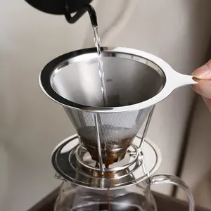 Pour Over Coffee Dripper Fine Mesh Double Layer Coffee Maker Slow Drip Reusable Stainless Steel Cone Coffee Filter