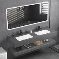 Meuble de salle de bain d'hôtel moderne de luxe avec lavabo intégré en dalle de roche double couche et miroir LED tactile éclairé