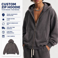 Ensemble de survêtements en molleton épais 370 GSM effet vieilli, teint à la cire, délavé à l'acide, personnalisé, avec sweat à capuche entièrement zippé pour tenues streetwear