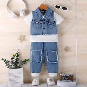 Fabricante de ropa Ropa para recién nacidos Verano Niños Camiseta blanca Chaqueta de mezclilla Pantalones Conjuntos de ropa de 3 piezas - Product Image 5