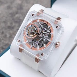 Montre automatique de luxe OBLVLO pour homme, cadran squelette sport, 24 mm, transparente, carrée, analogique, verre saphir, ajourée, tendance - Product Image 1