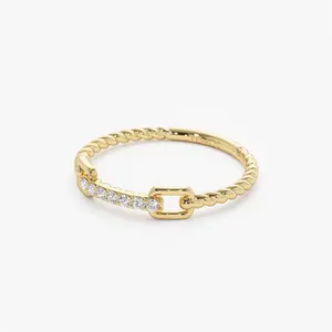 14k Gold Rope Braid Stack Ring with Micro Pave Diamonds Handcrafted Fine Jewelry