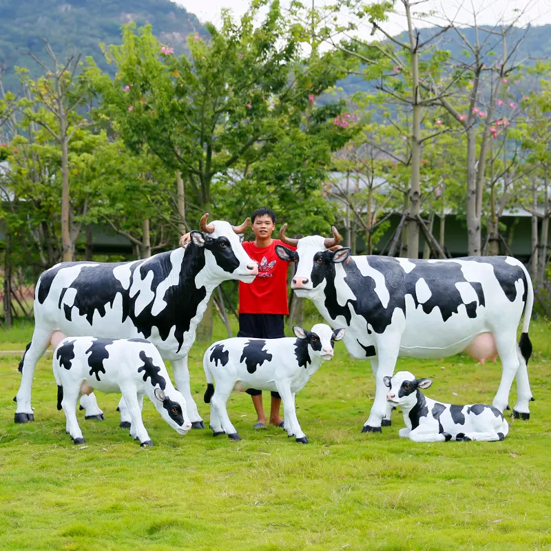 Estatua de Holstein de tamaño real, escultura de Animal de poliresina de fibra de vidrio gigante de vaca lechera grande para decoración de Plaza de parque de jardín al aire libre