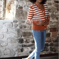 Femmes col en v tricots Cardigan à manches longues chaud respirant Cardigan Blouse avec bouton de perle motif rayé Services OEM
