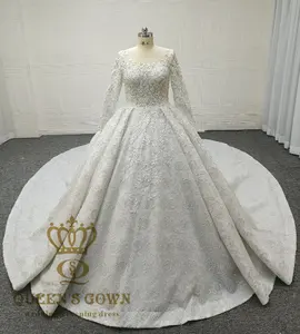 QUEENS GOWN Custom delicate heavy beaded bridal dress handmade luxury long sleeve pearls diamante wedding dresses