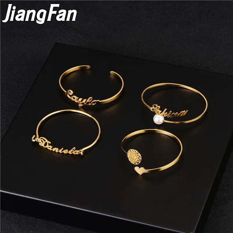 18K Gold Plated Bangles Stainless Steel Cheap Open Stylish Cuff Name Plates Bangle Personalized Bangles Bracelet