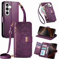 Étui portefeuille à bandoulière imprimé feuilles et fleurs pour Samsung Galaxy S26FE/S25FE/S24FE, coque de téléphone pour iPhone 16E/17E