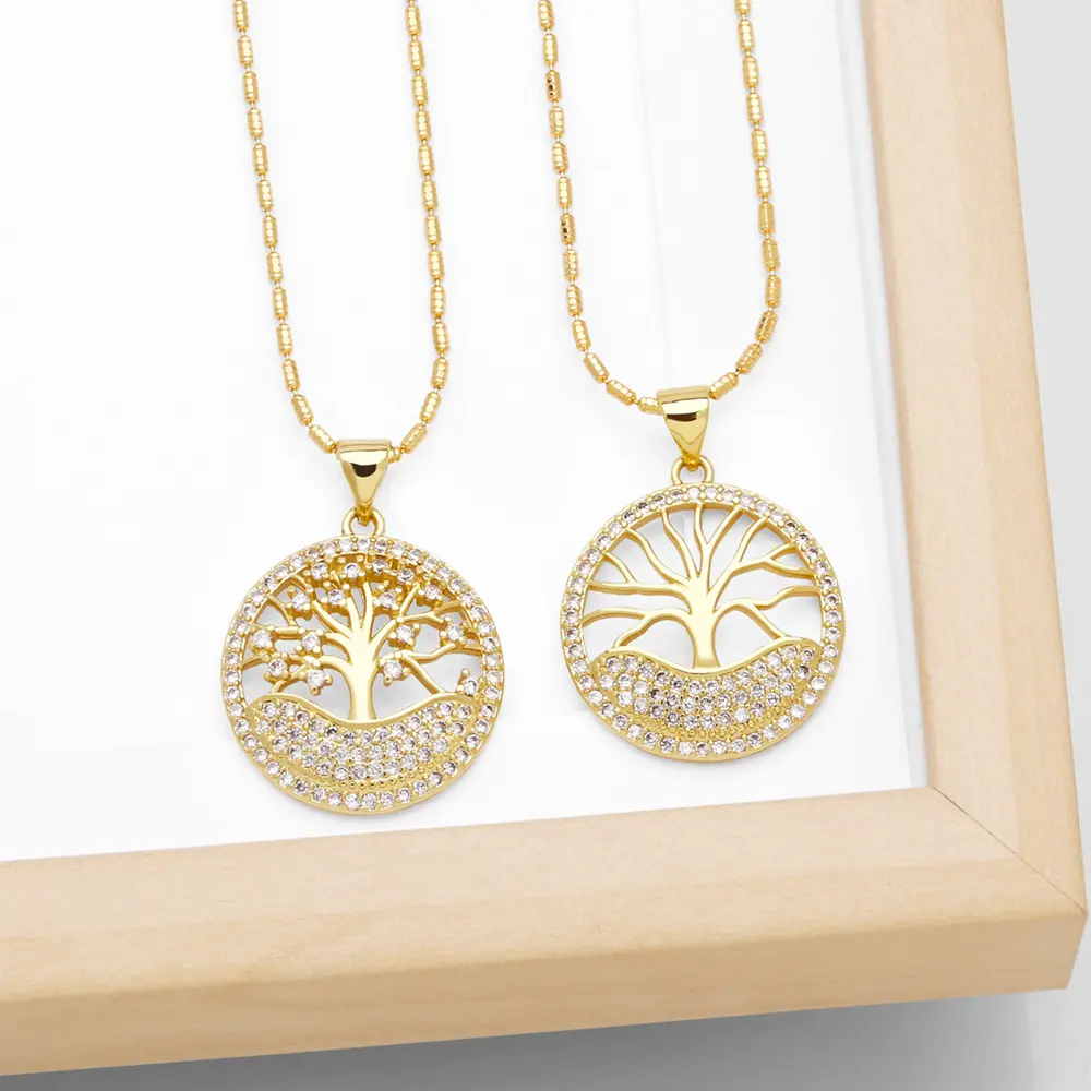 Asjewelry 18K mạ vàng hạt chuỗi đồ trang sức bằng đồng thau CZ pha lê cây của cuộc sống dây chuyền cho phụ nữ 2401 nkeb853