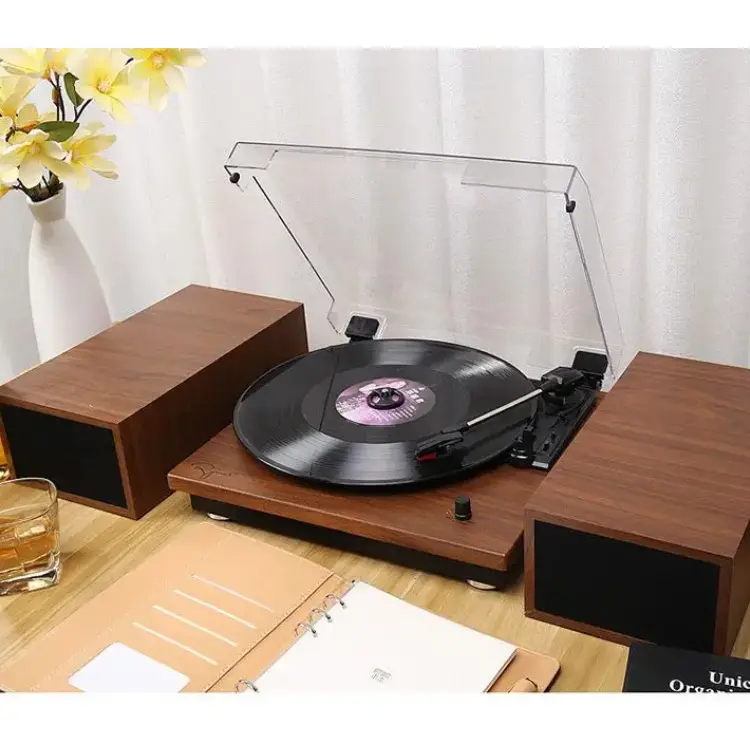 Tourne-disque sans fil en bois bt lp vinyle tourne-disque phonographe aux-in lint-out avec haut-parleur 20w 3 vitesses