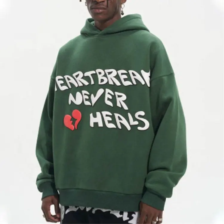 High Quality Custom Printing Men Dark Green 400 Gsm Heavyweight Sweatshirts Oversized Puff Printing Hoodie