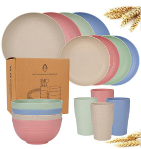 16pcs Modern Unbreakable Plastic Dinnerware Sets Kitchen Wheat Straw Service 4 for Home & Outdoor Camping Promotional Tableware