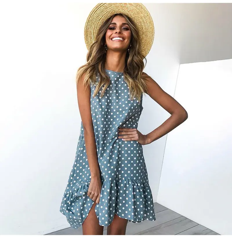 Vestido sin mangas de primavera 2024 para mujer con volantes Spring Street Sexy Casual Slim Thin Beach Party cuello redondo Mini vestido de lunares