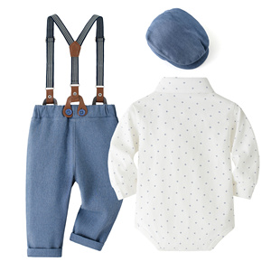 Catpapa Vente en gros Ensemble 4 pièces pour bébé <span class=keywords><strong>garçon</strong></span> 0-18 mois : Body, pantalon à bretelles, nœud papillon, <span class=keywords><strong>béret</strong></span> – Tenue de gentleman formelle - Product Image 4