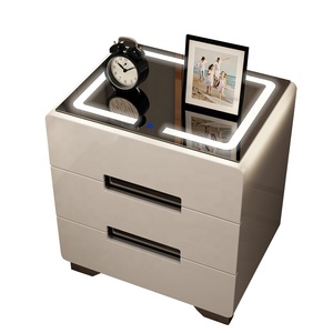 Muebles de Dormitorio en Oferta, Mesita de <span class=keywords><strong>Noche</strong></span> de 3 Cajones con Luz LED Inteligente, Acabado <span class=keywords><strong>Blanco</strong></span> Brillante, Multifuncional, de Madera Maciza - Product Image 1