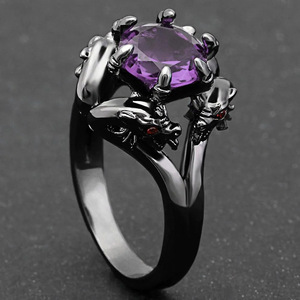 Bague de cocktail H415 pour homme, motif dragon, améthyste naturelle ovale, sertie griffes, cadeau, bagues tendance - Product Image 1