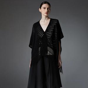 Hollow Out Knitted Tassel <b>Poncho</b> Shawl for Women Nordic Minimalist Open Front <b>Cape</b> Wrap Breathable Cover Up Casual Daily Shawl - Product Image 3